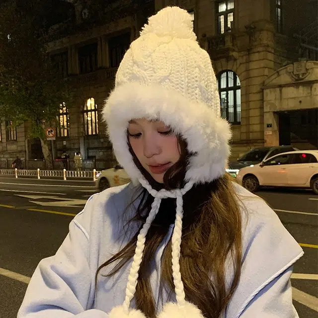 浪莎 纯欲风滑雪可爱毛球兔毛雷锋帽女生冬季针织加厚保暖显脸小护耳毛线帽 涤纶 绒线帽 女款