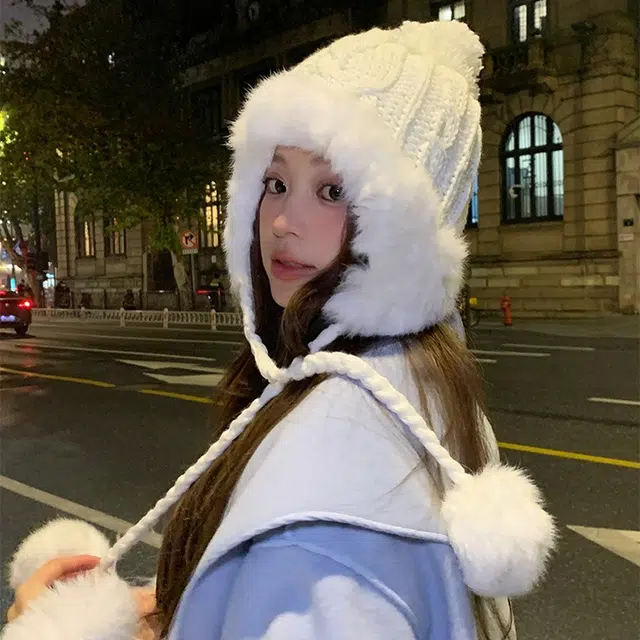 浪莎 纯欲风滑雪可爱毛球兔毛雷锋帽女生冬季针织加厚保暖显脸小护耳毛线帽 涤纶 绒线帽 女款
