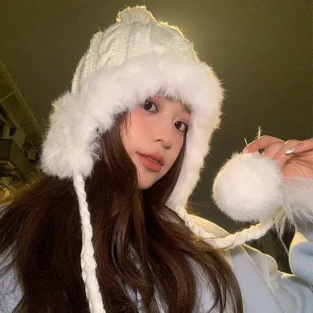 浪莎 纯欲风滑雪可爱毛球兔毛雷锋帽女生冬季针织加厚保暖显脸小护耳毛线帽 涤纶 绒线帽 女款