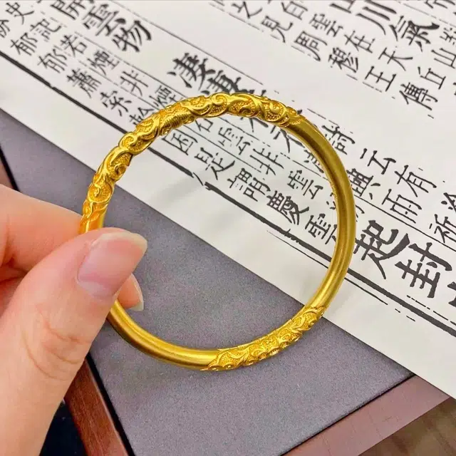 琉堇 古法双边如意卷草纹 新中式圆条镯 花纹花卉百搭轻奢气质优雅 高级感甜美森系浮雕牡丹花 合金 手镯 男女同款情侣款