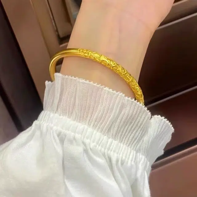 琉堇 古法双边如意卷草纹 新中式圆条镯 花纹花卉百搭轻奢气质优雅 高级感甜美森系浮雕牡丹花 合金 手镯 男女同款情侣款