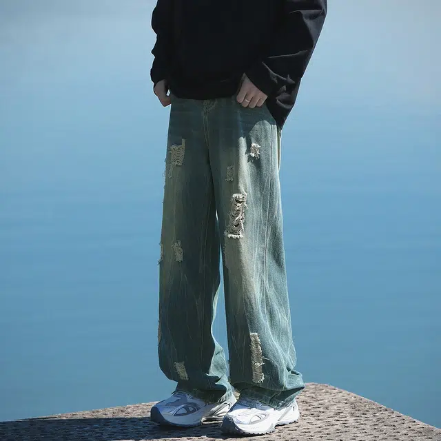 玉儿恋 高街时尚破洞水洗大码美式复古百搭阔腿休闲牛仔裤 男女同款 蓝色