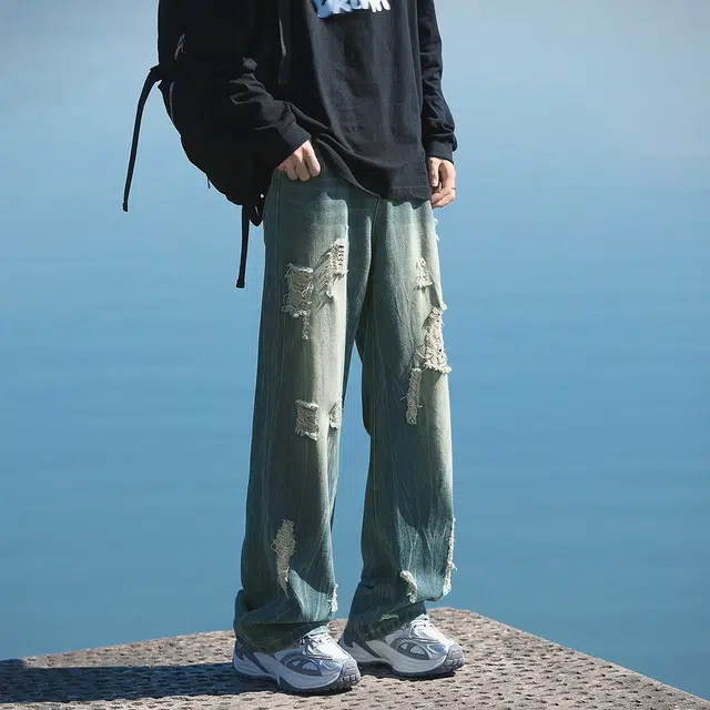 玉儿恋 高街时尚破洞水洗大码美式复古百搭阔腿休闲牛仔裤 男女同款 蓝色