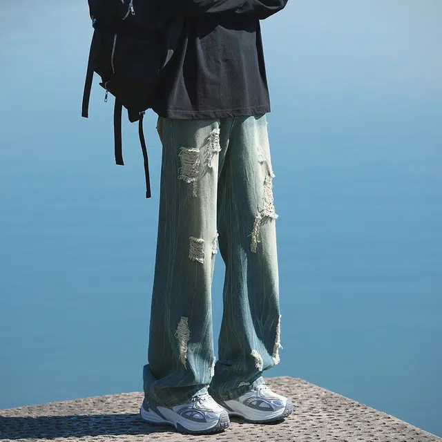 玉儿恋 高街时尚破洞水洗大码美式复古百搭阔腿休闲牛仔裤 男女同款 蓝色