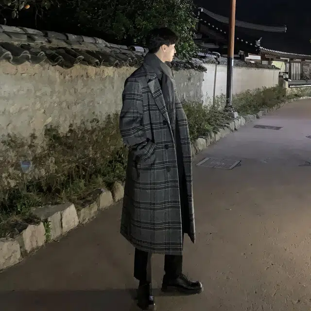 毛呢中长款加厚过膝韩版宽松英伦风格子外套大衣 男女同款