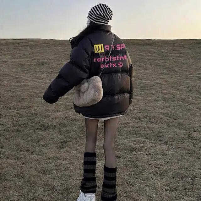 极限涡轮 美式街头风立领宽松潮牌小众设计保暖面包服舒适个性字母纯色厚款时尚休闲棉服 男女同款 黑色