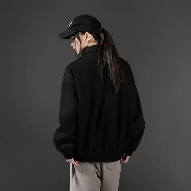 雅鹿优选 美式复古麂皮绒字母印花宽松休闲百搭翻领开衫教练夹克外套 男女同款 黑色