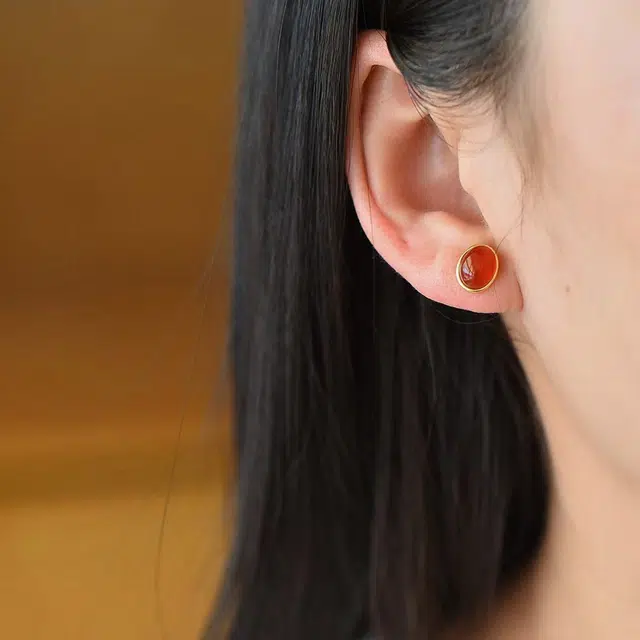 老庙 一心一意蛋面耳饰 好运简约优雅气质 玛瑙 耳钉 女款