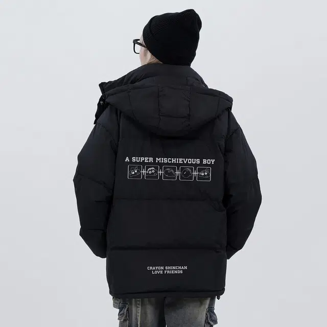 蜡笔小新 卡通人像大头贴袖徽字母印花休闲宽松保暖加厚开拆卸连帽面包羽绒服外套 男女同款