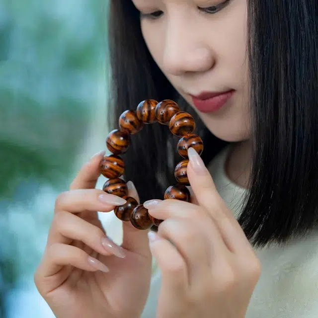 檀欣 国潮新中式 经典虎皮纹单圈文玩佛珠 高档复古轻奢简约大气盘玩念珠 花梨木 木作手串 男款 花梨木