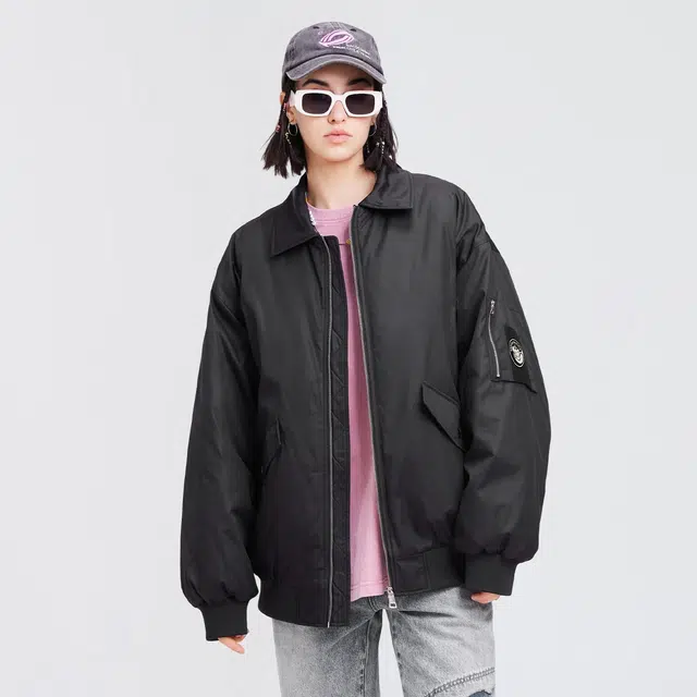 蜡笔小新 美式卡通袖徽袖袋休闲宽松加厚保暖翻领飞行员羽绒服外套 男女同款