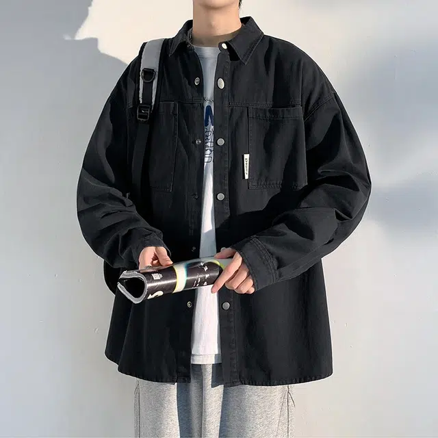 美式工装纯棉复古薄休闲宽松长袖衬衫 男女同款