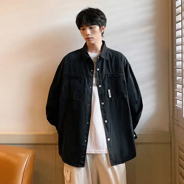 美式工装纯棉复古薄休闲宽松长袖衬衫 男女同款