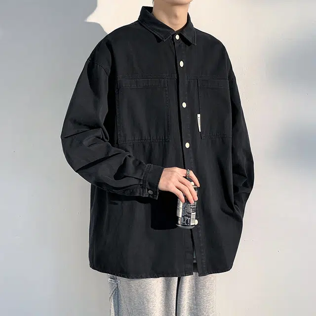 美式工装纯棉复古薄休闲宽松长袖衬衫 男女同款
