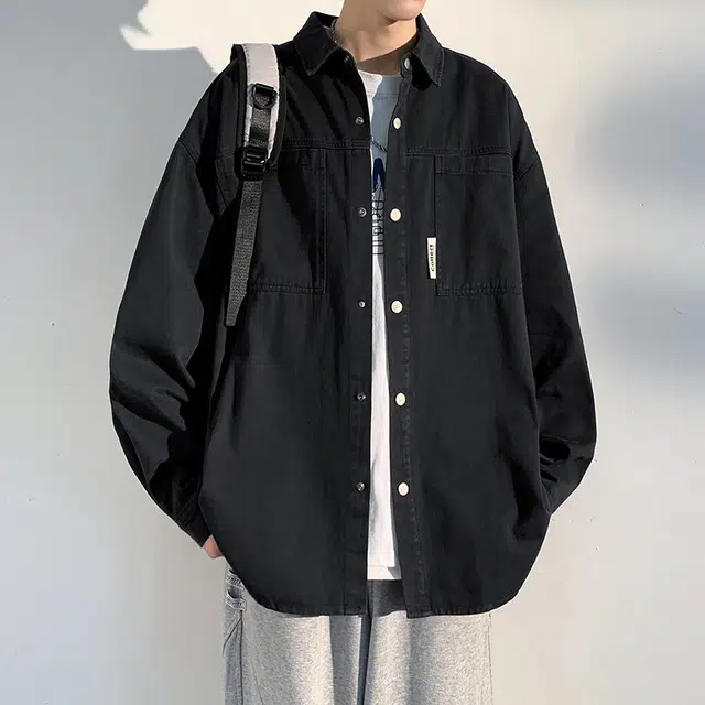 美式工装纯棉复古薄休闲宽松长袖衬衫 男女同款