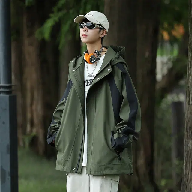 玉儿恋 美式高街经典简约撞色基础款宽松薄款休闲夹克外套 男女同款