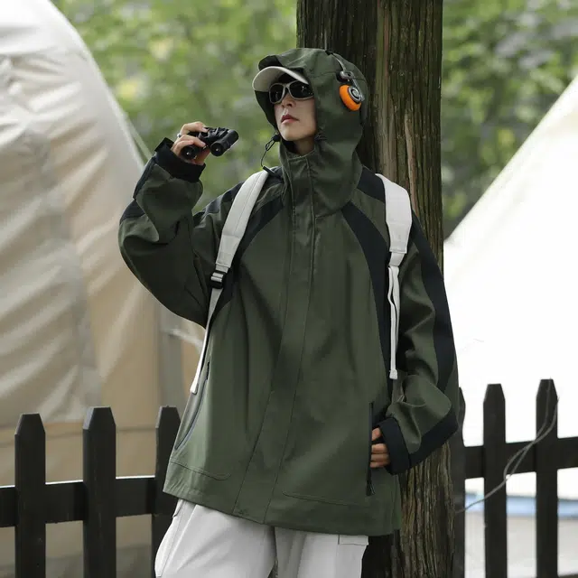 玉儿恋 美式高街经典简约撞色基础款宽松薄款休闲夹克外套 男女同款