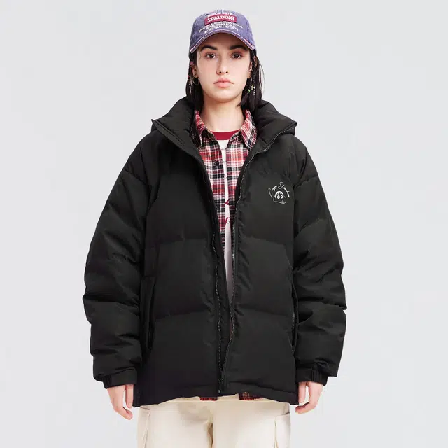 蜡笔小新 卡通字母印花下摆可调节保暖加厚休闲连帽面包羽绒服外套 男女同款