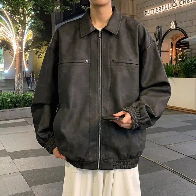 玉儿恋 美式高街做旧水洗复古铆钉美拉德痞帅街头高级感潮流舒适百搭宽松休闲翻领落肩垂感开衫皮衣 男女同款