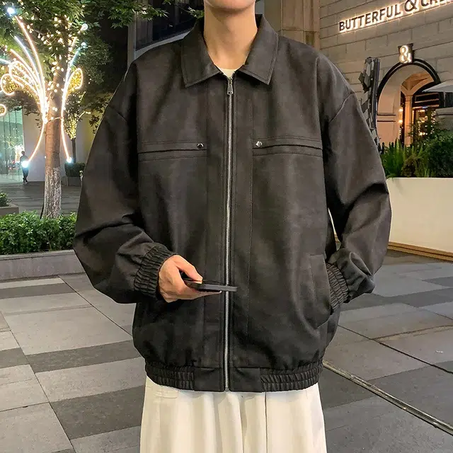玉儿恋 美式高街做旧水洗复古铆钉美拉德痞帅街头高级感潮流舒适百搭宽松休闲翻领落肩垂感开衫皮衣 男女同款