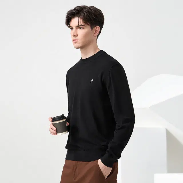 与狼共舞 休闲百搭纯色舒适羊毛圆领宽松长袖卫衣 男款