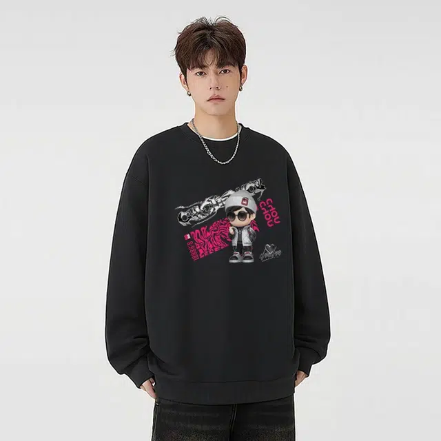 周同学 周杰伦品牌字母个性设计潮牌印花基础款宽松休闲百搭长袖学院风圆领套头内搭加绒加厚打底衫保暖卫衣 男女同款