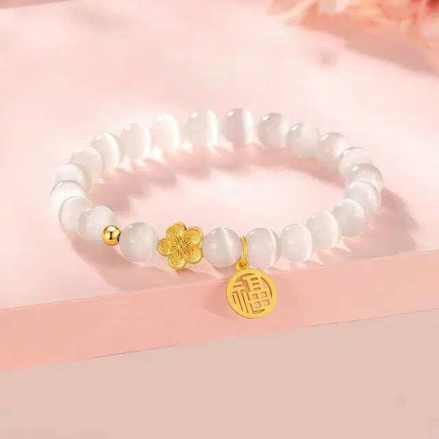 陌阡雪 新中式桃花福牌小众国潮福牌轻奢国风百搭#好运 玻璃猫眼 玉石手串 男女同款情侣款