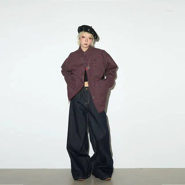 慵懒风宽松时尚休闲格子加绒绒里长袖衬衫 男女同款 红格色