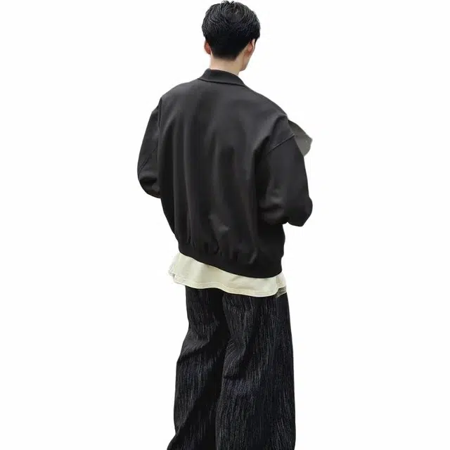 雅鹿 美式高街复古解构毛呢重磅休闲宽松嵌线拉链设计感夹克外套 男女同款 黑色