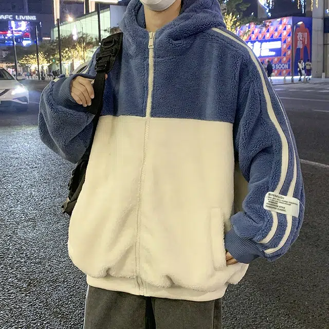 玉儿恋 学院风加绒加厚开衫韩版连帽保暖美式复古高街潮牌痞帅仿羊羔绒潮流休闲条纹字母蓄热防风绒感外套 男女同款
