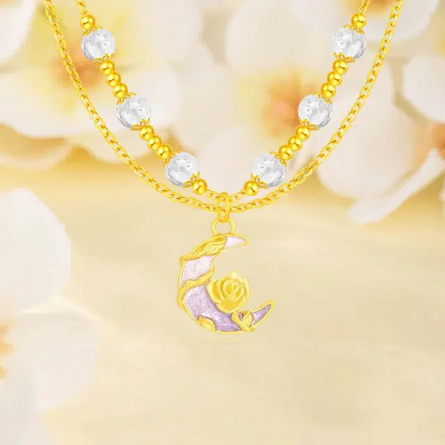 中国珠宝 水晶月下玫瑰 浪漫轻奢莫奈花园玫瑰花少女心珐琅甜心温柔风氛围感甜蜜饰爱可调节锁骨链 足金 一口价 黄金项链 女款