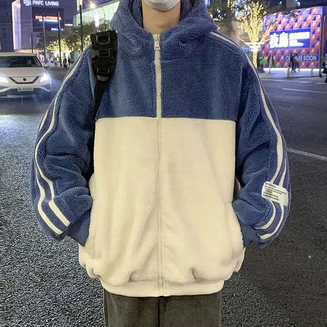 玉儿恋 学院风加绒加厚开衫韩版连帽保暖美式复古高街潮牌痞帅仿羊羔绒潮流休闲条纹字母蓄热防风绒感外套 男女同款