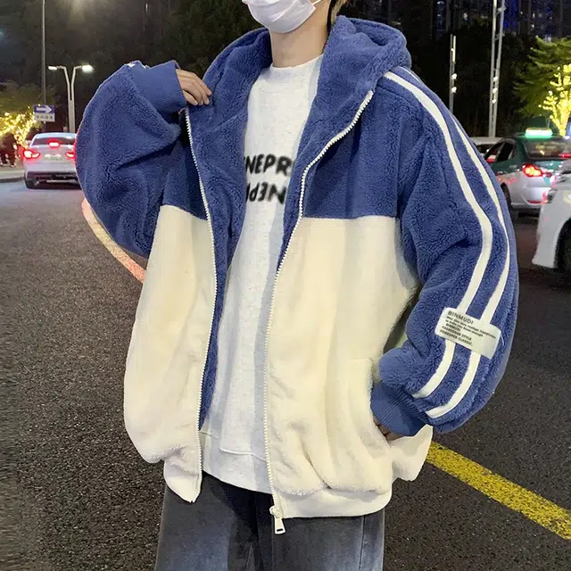 玉儿恋 学院风加绒加厚开衫韩版连帽保暖美式复古高街潮牌痞帅仿羊羔绒潮流休闲条纹字母蓄热防风绒感外套 男女同款