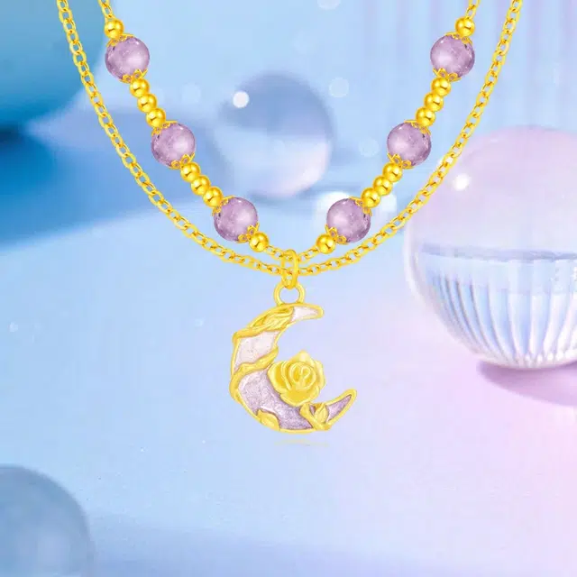 中国珠宝 水晶月下玫瑰 浪漫轻奢莫奈花园玫瑰花少女心珐琅甜心温柔风氛围感甜蜜饰爱可调节锁骨链 足金 一口价 黄金项链 女款