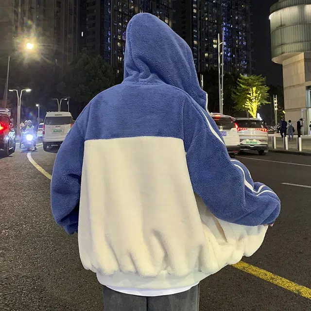 玉儿恋 学院风加绒加厚开衫韩版连帽保暖美式复古高街潮牌痞帅仿羊羔绒潮流休闲条纹字母蓄热防风绒感外套 男女同款