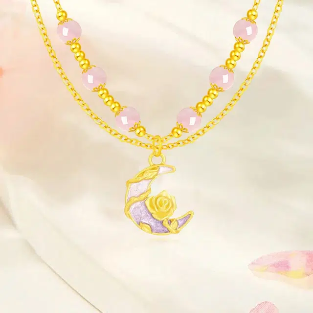 中国珠宝 水晶月下玫瑰 浪漫轻奢莫奈花园玫瑰花少女心珐琅甜心温柔风氛围感甜蜜饰爱可调节锁骨链 足金 一口价 黄金项链 女款