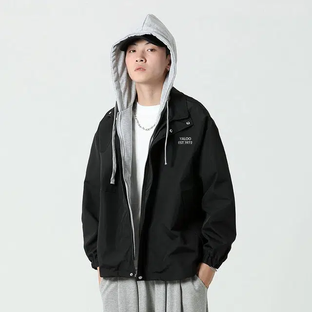 雅鹿 复古简约学院风百搭高街设计感假两件连帽宽松休闲飞行员夹克外套 男女同款