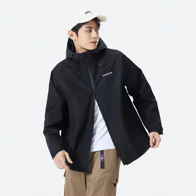 企鹅  三防运动连帽纯色字母  防水防风保暖冲锋衣 男款