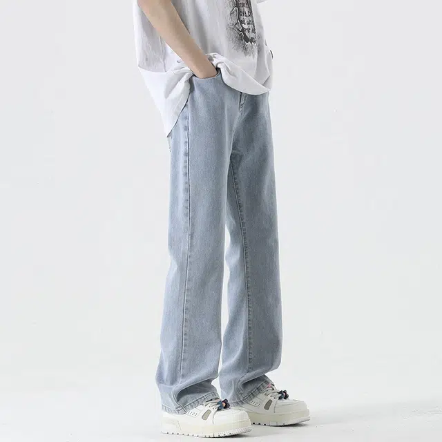 美式高街系扣松紧腰水洗做旧休闲垂感宽松潮流微喇叭舒适时尚长裤牛仔裤 男女同款