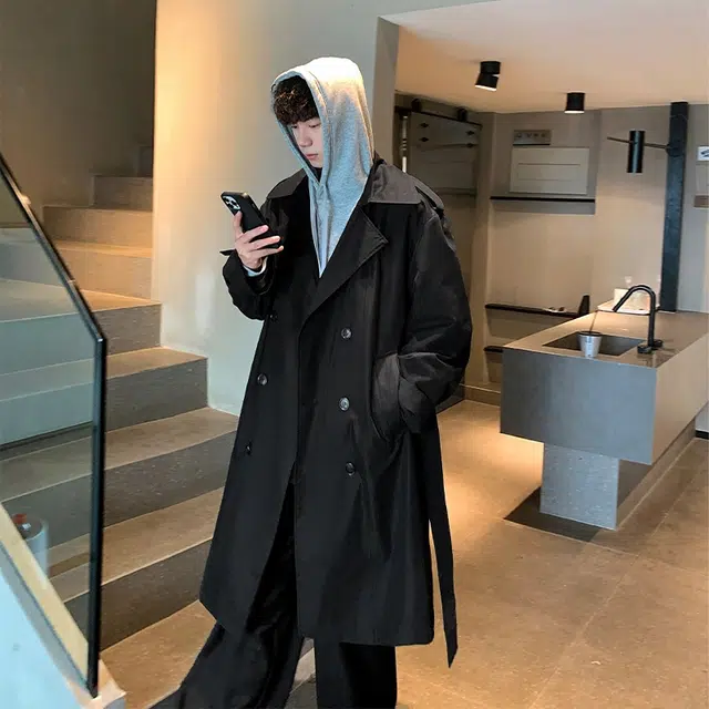 美式复古高街御寒保暖中长款过膝纯色街头时尚潮流舒适百搭户外通勤宽松落肩垂感直筒西装领双排扣开衫风衣 男女同款
