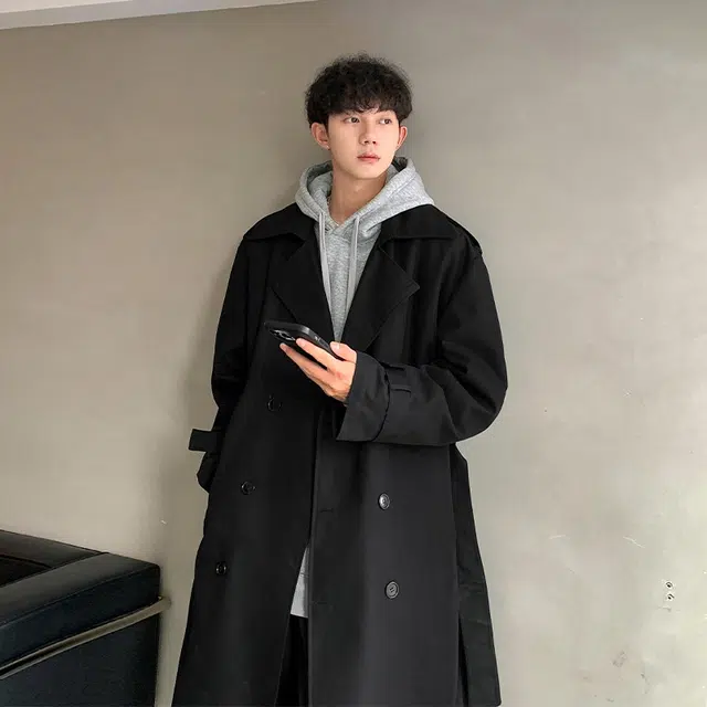 美式复古高街御寒保暖中长款过膝纯色街头时尚潮流舒适百搭户外通勤宽松落肩垂感直筒西装领双排扣开衫风衣 男女同款