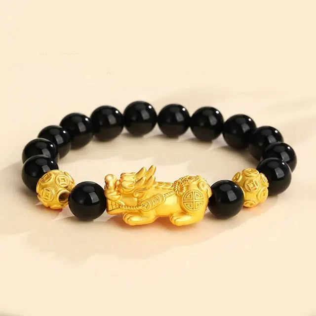 六桂福珠宝 招财貔貅 国潮新中式小众设计高级感招财进宝 平安纳福吞金兽财运亨通 黑曜石 手串 男女同款情侣款