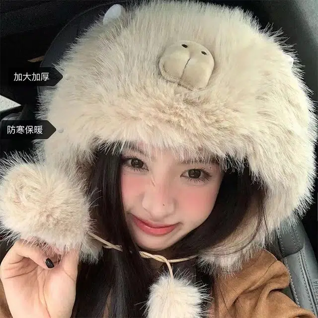 雅鹿 秋冬季卡皮巴拉毛绒帽户外防寒加绒雷锋帽学生时尚百搭加厚保暖显脸小护耳帽 聚酯纤维 绒线帽 男女同款情侣款 礼盒装