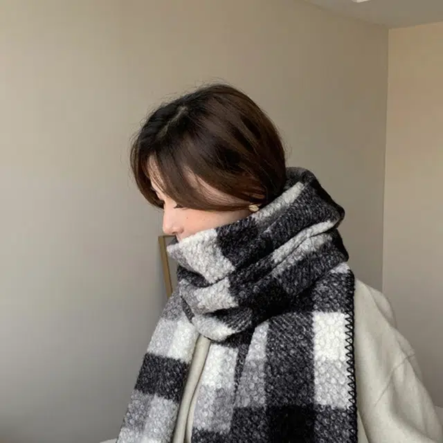 心水好物 韩系加绒加厚百搭冬季格子拼接包边 绒线围巾 男女同款情侣款