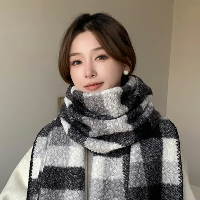 心水好物 韩系加绒加厚百搭冬季格子拼接包边 绒线围巾 男女同款情侣款