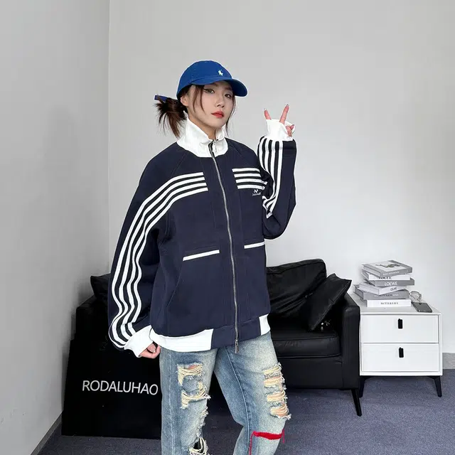玉儿恋 嘻哈街头美式撞色立领拉链休闲宽松个性潮牌复古条纹设计夹克外套 男女同款