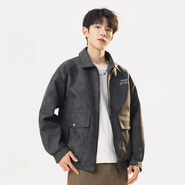 雅鹿 复古高街水洗做旧通勤工装百搭简约休闲翻领宽松防风机车服夹克外套 男女同款 深灰