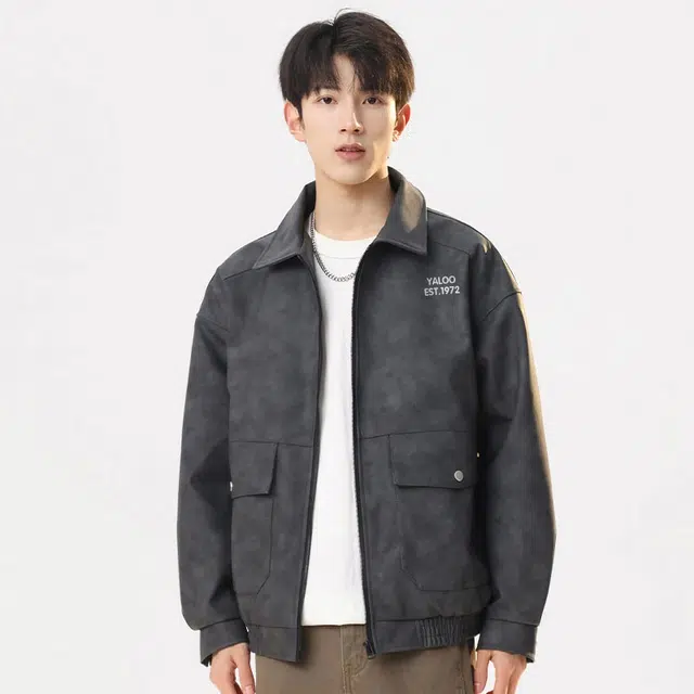 雅鹿 复古高街水洗做旧通勤工装百搭简约休闲翻领宽松防风机车服夹克外套 男女同款 深灰