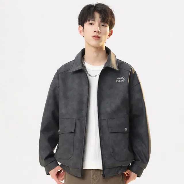 雅鹿 复古高街水洗做旧通勤工装百搭简约休闲翻领宽松防风机车服夹克外套 男女同款 深灰
