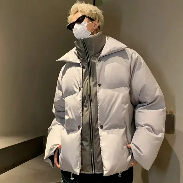 玉儿恋 美式嘻哈复古加厚假两件撞色拼接简约金属拉链面包保暖日常立领小众解构亮面设计感氛围感青少年痞帅棉服 男女同款